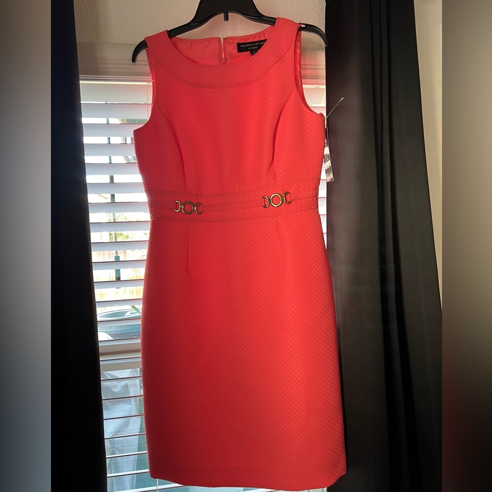 Tahari Coral Midi Dress with Belt Accents